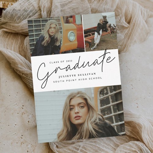 Modern Script 3 Photo Collage Graduation Party Invitation