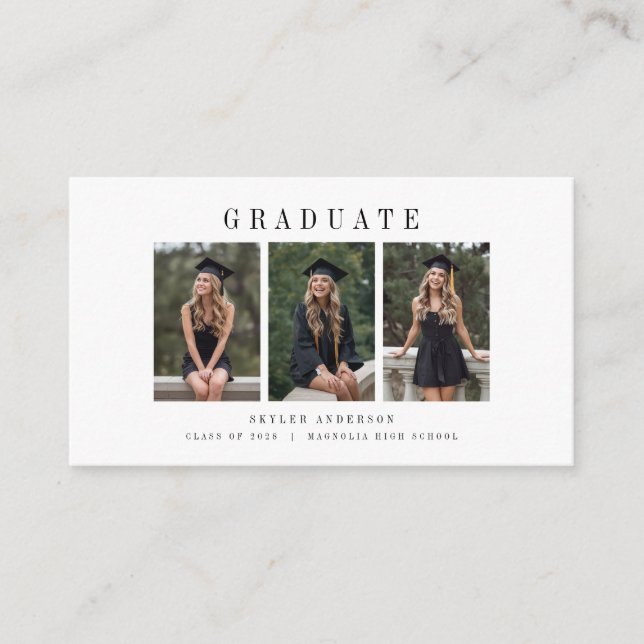 Modern Script 3 Photo Collage Graduation Thank You Enclosure Card (Front)