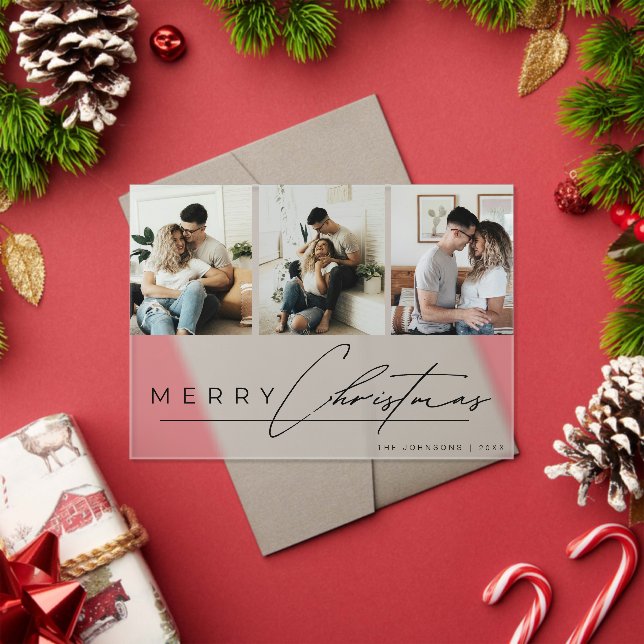Modern Script 3 Photo Collage Merry Christmas Card Acrylic Invitations (Insitu (Holiday))
