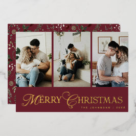 Modern Script 3 Photo Collage Merry Christmas Foil Holiday Card