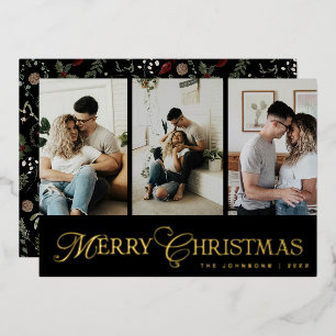Modern Script 3 Photo Collage Merry Christmas Foil Holiday Card