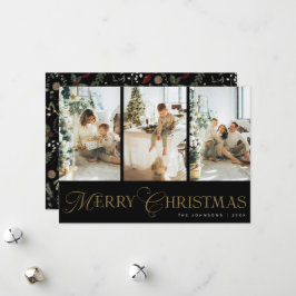 Modern Script 3 Photo Collage Merry Christmas Holiday Card