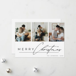 Modern Script 3 Photo Collage Merry Christmas Holiday Card