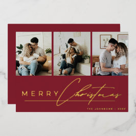 Modern Script 3 Photo Collage Red Merry Christmas Foil Holiday Card