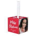 Modern Script 3 Photo Snowflake Christmas Red