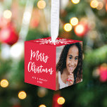 Modern Script 3 Photo Snowflake Christmas Red Cube Ornament<br><div class="desc">These festive ornaments feature large photos on the back, right, and left with snowflakes on the top and bottom. On the front is an EDITABLE modern script greeting in white, and your text in a classic serif font. These ornaments make a fabulous gift or stocking stuffer that will become a...</div>