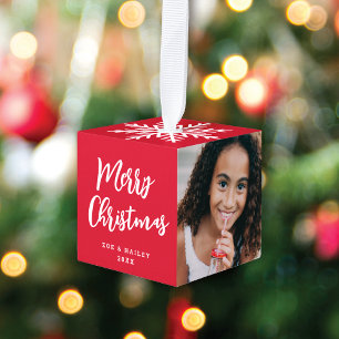 Modern Script 3 Photo Snowflake Christmas Red Cube Ornament