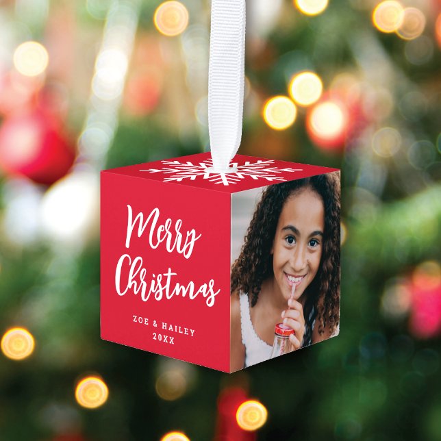 Modern Script 3 Photo Snowflake Christmas Red Cube Ornament (Creator Uploaded)