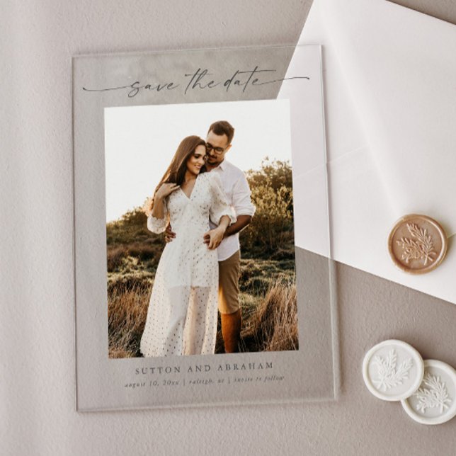 Modern Script 3 Photo Wedding Save the Date (Elegant handwritten script acrylic photo wedding save the date.)