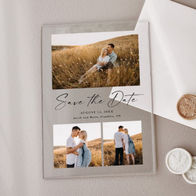 Modern Script 3 Photo Wedding Save the Date (Simple acrylic photo wedding save the  date card.)