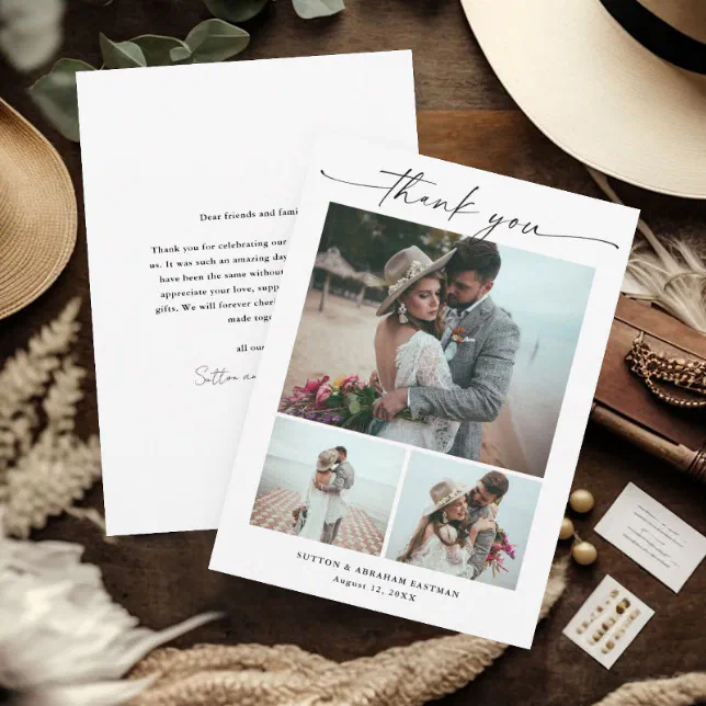 Modern script 3 photo wedding thank you card zazzle
