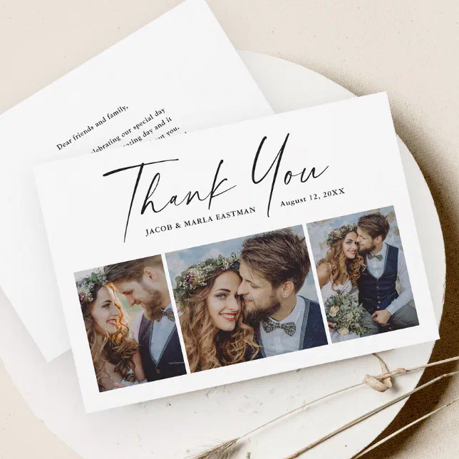 Modern Script 3 Photo Wedding Thank You Card | Zazzle