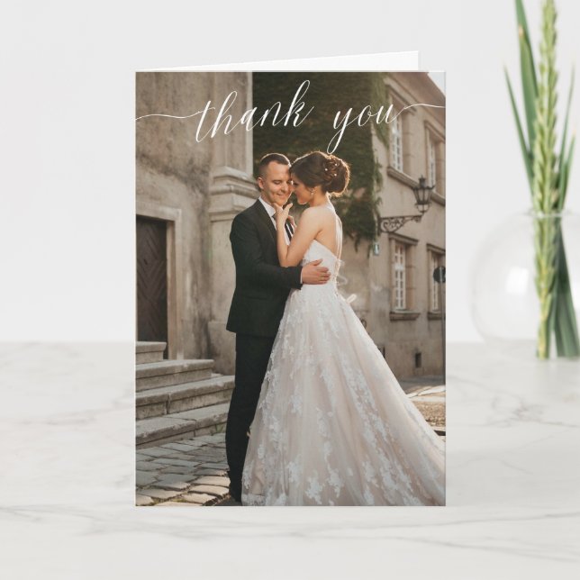 Modern script 3 photo wedding thank you card (Front)