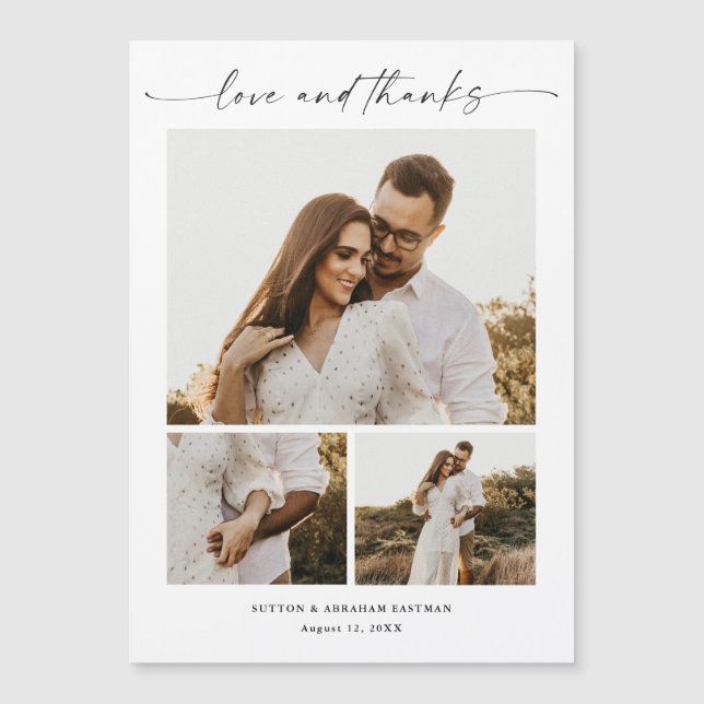 Modern Script 3 Photo Wedding Thank You Magnet (Front)