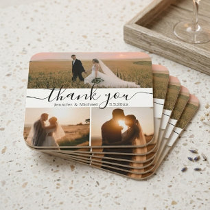 modern script 3 photo wedding thank you square paper coaster