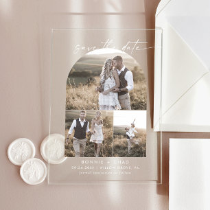 Modern Script 3 Photo White Wedding Save The Date