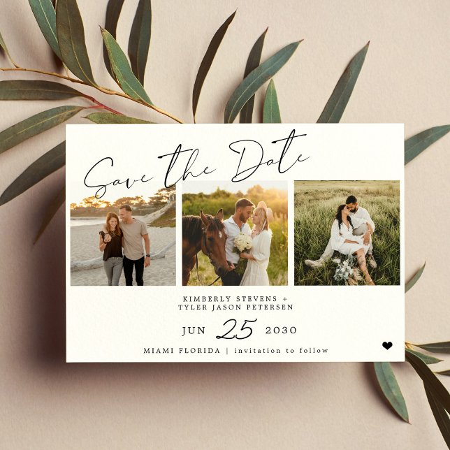 Modern script 3 photos black and white wedding save the date (Creator Uploaded)