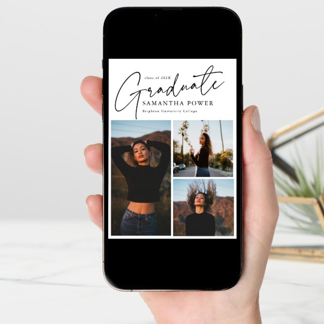 Modern Script 3 Photos Geometric Graduation Announcement (Front Digital)