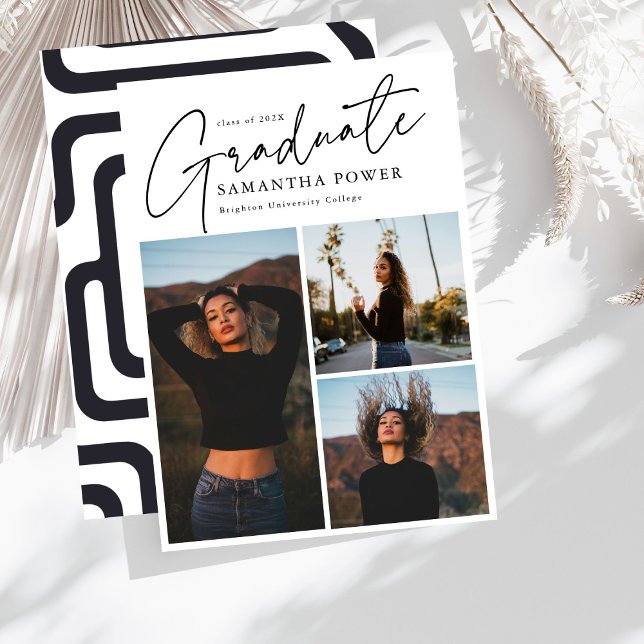 Modern Script 3 Photos Geometric Graduation Announcement (Creator Uploaded)