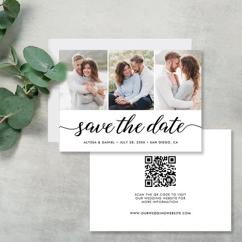 Modern Script 3 Photos QR CODE Wedding website Save The Date