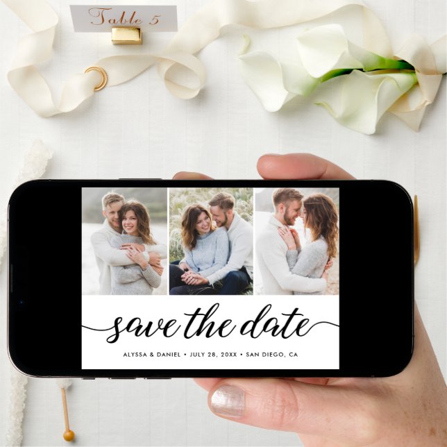 Modern Script 3 Photos QR CODE Wedding website Save The Date (Front Digital)