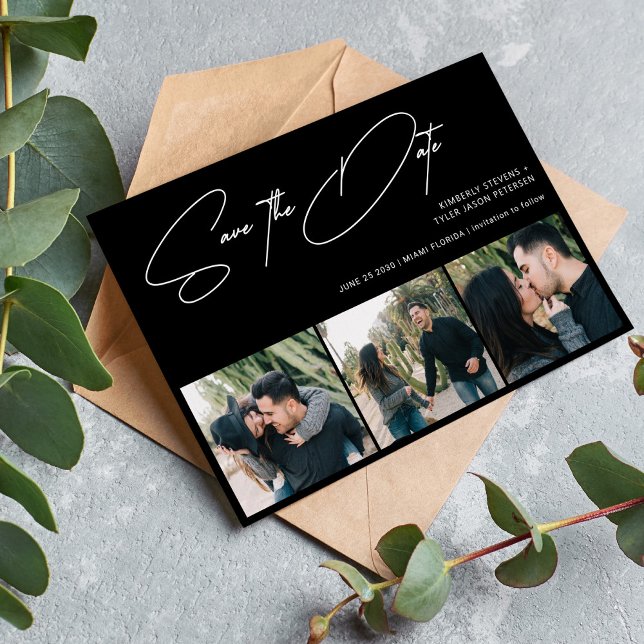 Modern script 3 photos simple black wedding save the date (Creator Uploaded)