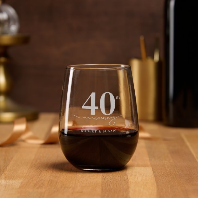 Modern Script 40th Anniversary Stemless Wine Glass (Party)