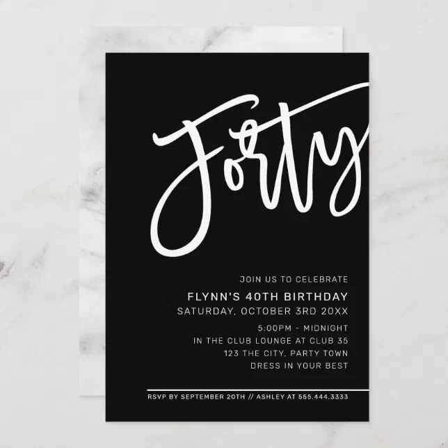 MODERN SCRIPT 40th birthday party black white Invitation | Zazzle