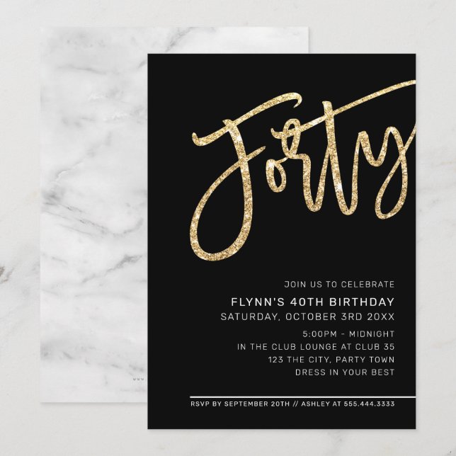MODERN SCRIPT 40th birthday party gold black white Invitation (Front/Back)