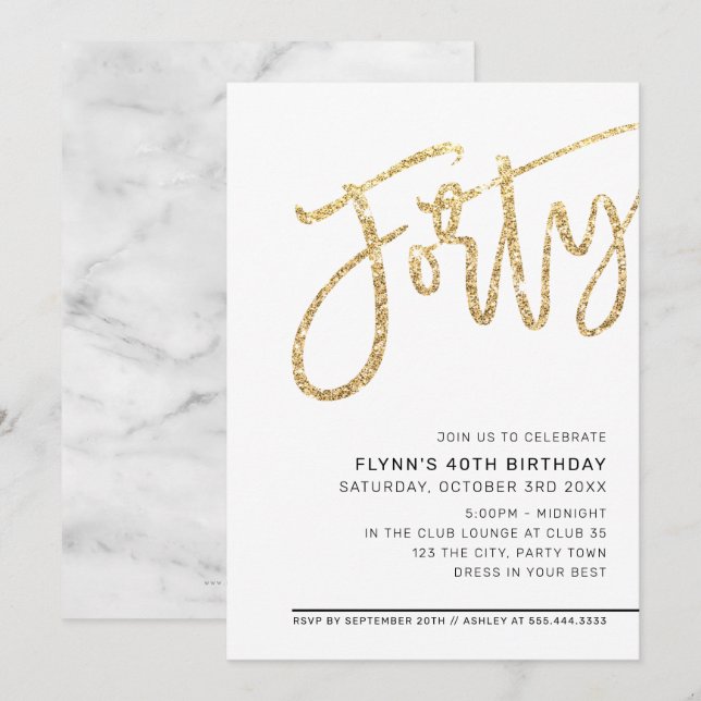 MODERN SCRIPT 40th birthday party gold glitter Invitation (Front/Back)