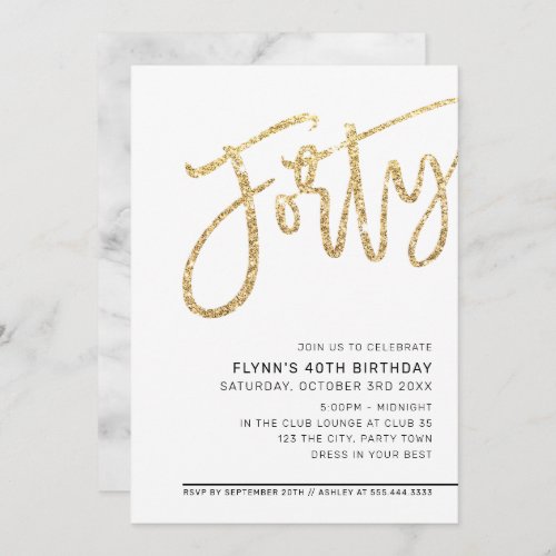 MODERN SCRIPT 40th birthday party gold glitter Invitation