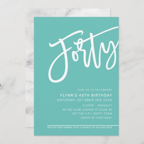 MODERN SCRIPT 40th birthday party mint green white Invitation