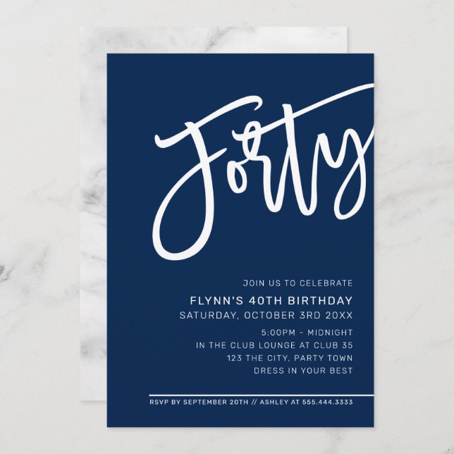 MODERN SCRIPT 40th birthday party navy blue white Invitation (Front/Back)