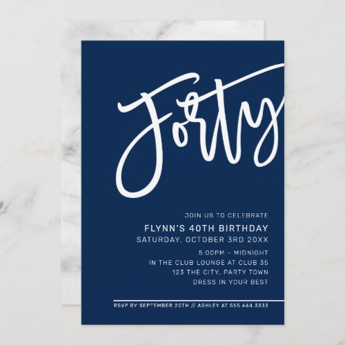 MODERN SCRIPT 40th birthday party navy blue white Invitation