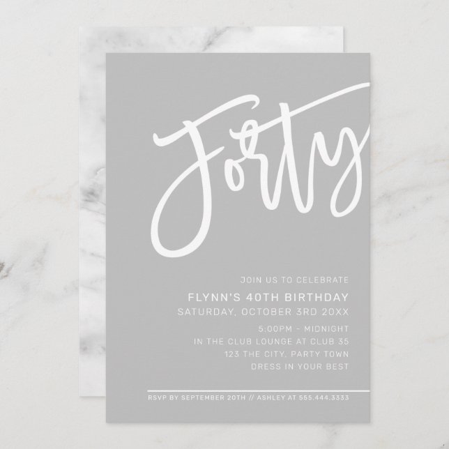 MODERN SCRIPT 40th birthday party pale gray white Invitation (Front/Back)