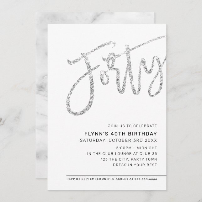 MODERN SCRIPT 40th birthday party silver glitter Invitation (Front/Back)