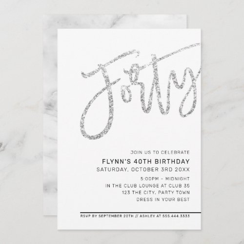 MODERN SCRIPT 40th birthday party silver glitter Invitation