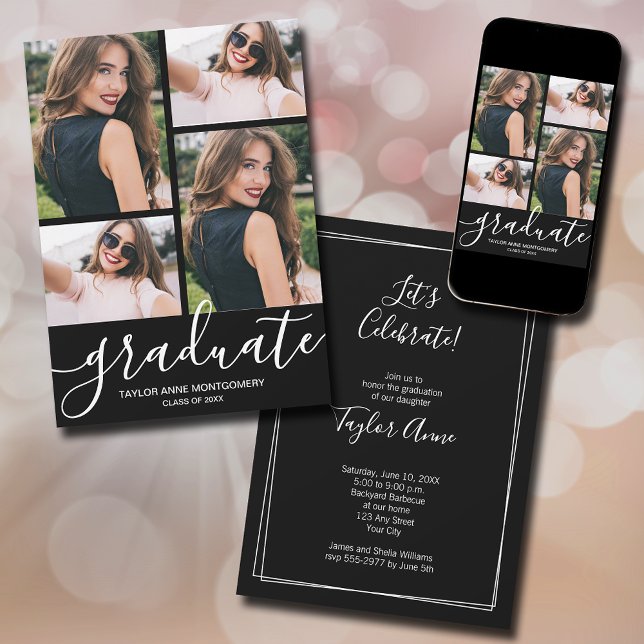 Modern Script 4 Photo Black Graduation Announcement (Modern script 4 photo black graduation announcements - PRINTED and/or INSTANT DOWNLOAD)