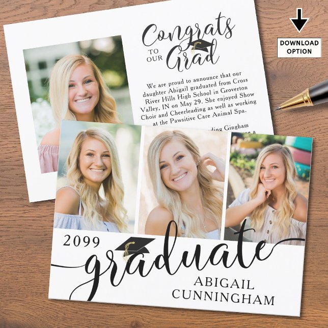 Modern Script 4 Photo Black White Graduation Announcement (Creator Uploaded)