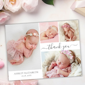 Modern Script 4 Photo Collage Baby Girl Thank You  Card