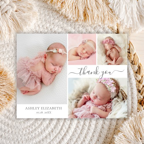 Modern Script 4 Photo Collage Baby Thank You  Postcard