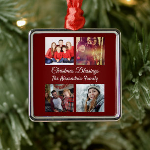 Modern Script 4 Photo Collage Family Christmas Metal Ornament