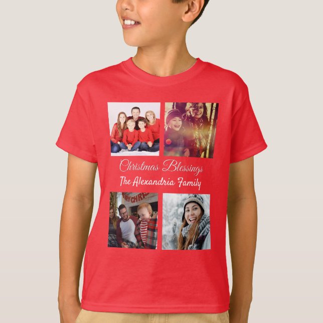 Modern Script 4 Photo Collage Family Christmas T-Shirt (Front)