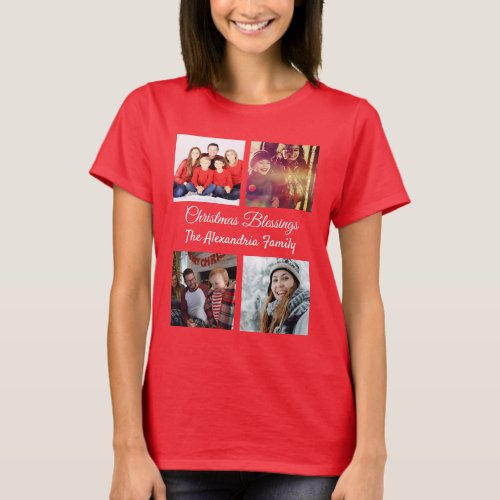 Modern Script 4 Photo Collage Family Christmas T_Shirt