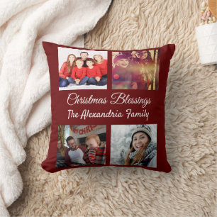 Modern Script 4 Photo Collage Family Christmas Throw Pillow
