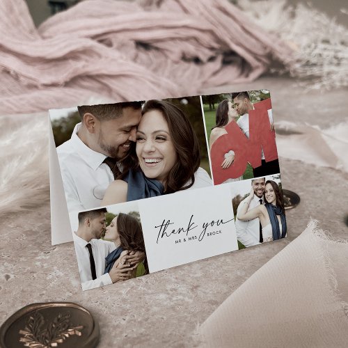 Modern Script 4 Photo Collage Folded Wedding Thank You Card