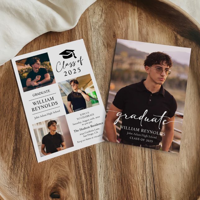 Modern Script 4 Photo Collage Graduation Party Invitation (Creator Uploaded)