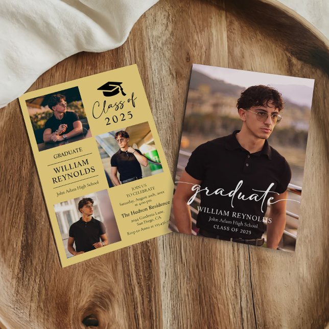 Modern Script 4 Photo Collage Graduation Party Invitation (Creator Uploaded)