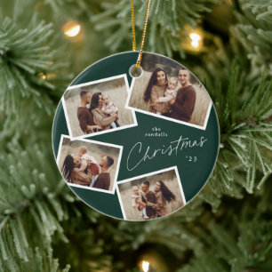 Modern Script 4 Photo Collage Green Christmas Ceramic Ornament