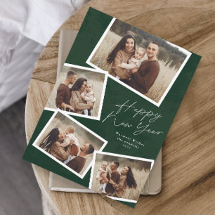 Modern Script 4 Photo Collage Happy New Year Holiday Card